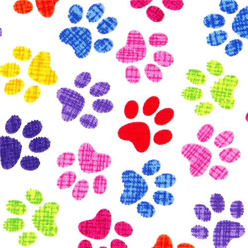 white designer fabric with colourful checkered paw prints 1