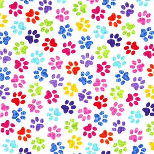 white designer fabric with colourful checkered paw prints 2