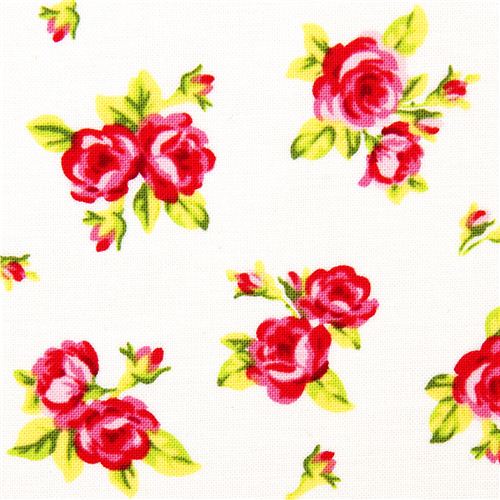 weißer Designer Stoff mit kleinen rosa Rosen Blumen 1