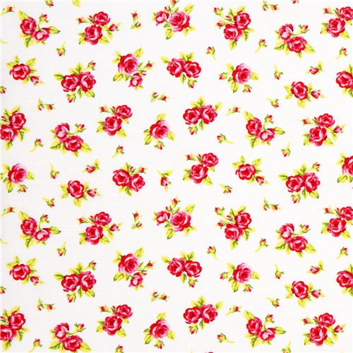 weißer Designer Stoff mit kleinen rosa Rosen Blumen 2