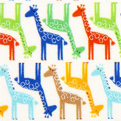 white designer fabric with small colourful giraffes 1