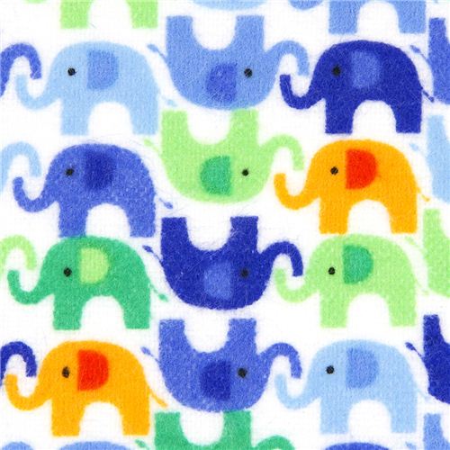 white designer flannel fabric with blue mini elephants USA 1