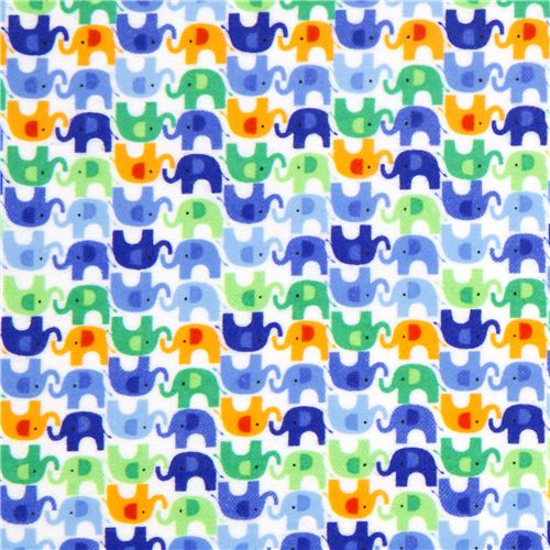 white designer flannel fabric with blue mini elephants USA 2