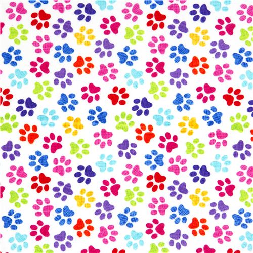 white designer flannel fabric with colourful paw prints 2