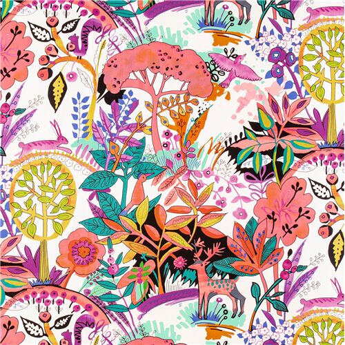 Tissu coton blanc feuilles animaux, cerfs, oiseaux multicolores Tissu