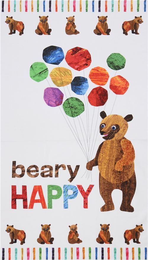 Tissu Andover blanc avec un grand ours brun avec des ballons, Beary Happy Tissu