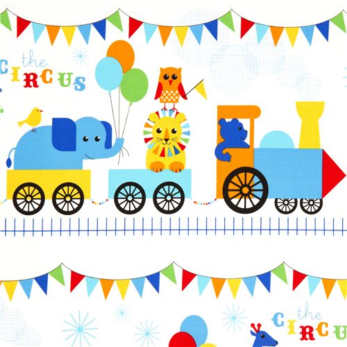 Tessuto bianco treno con circo degli animali, Robert Kaufman Tessuto