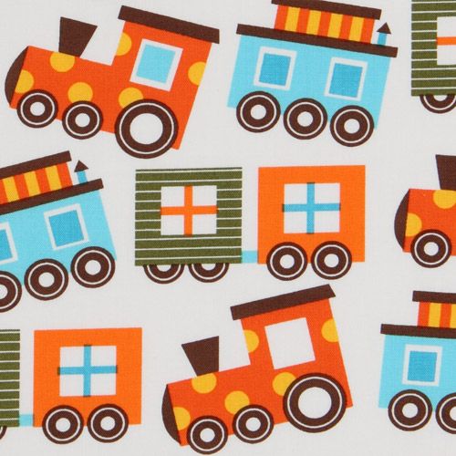 white fabric colourful train by Robert Kaufman 1