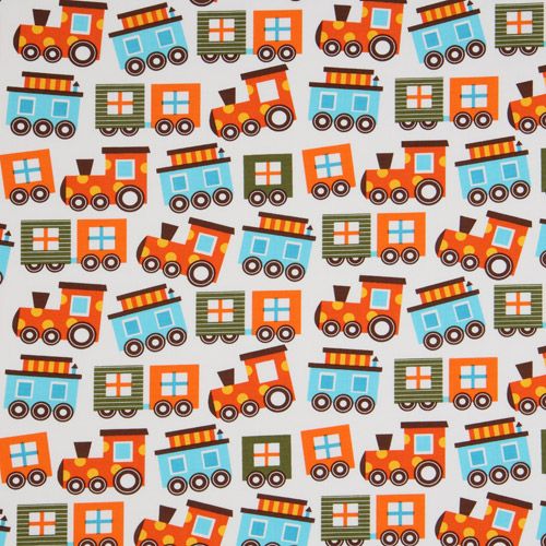 white fabric colourful train by Robert Kaufman 2