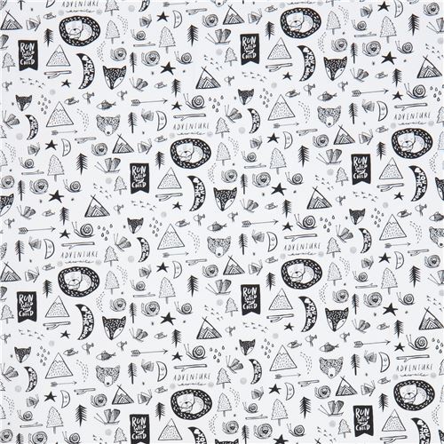 Fat Quarter (50 x 56 cm) - Weißer Stoff mit schwarzen Tieren, Bäumen und Bergen von Dear Stella USA 2