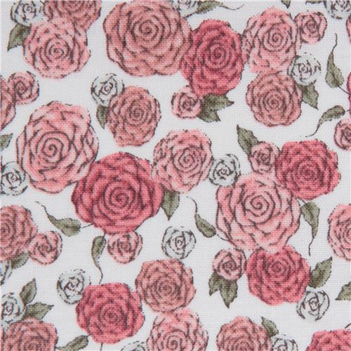 Tela blanca con flores rosa camelia Gorjuss de Quilting Treasures Tela