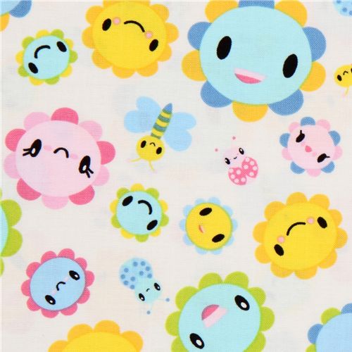 white funny flowers fabric Toyland Robert Kaufman Fabric