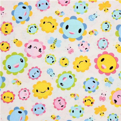 white fabric funny flowers Toyland Robert Kaufman 2