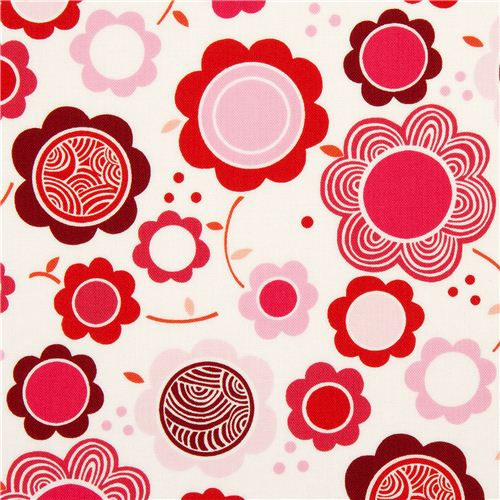 Tissu Alexander Henry blanc à fleurs roses et rouges Tissu