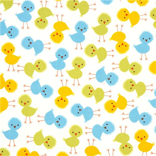 white fabric with yellow and green chicks by Robert Kaufman 2