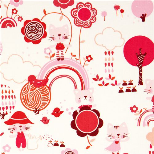 white fabric withcats flowers rain by Alexander Henry Fabric