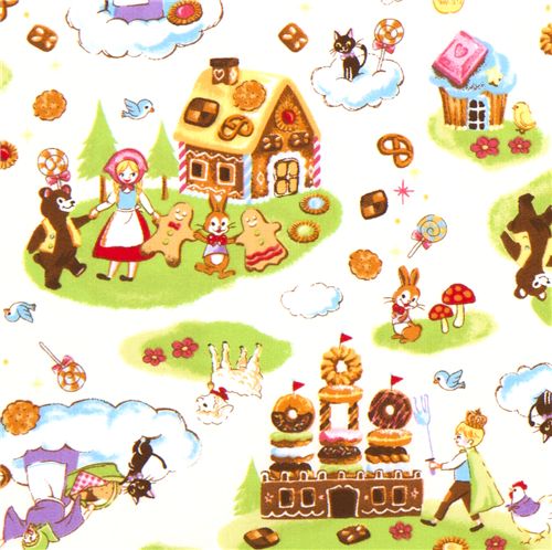 white fairy tale fabric with gingerbread house kawaii 1