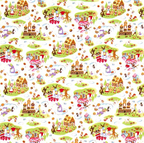 white fairy tale fabric with gingerbread house kawaii 2