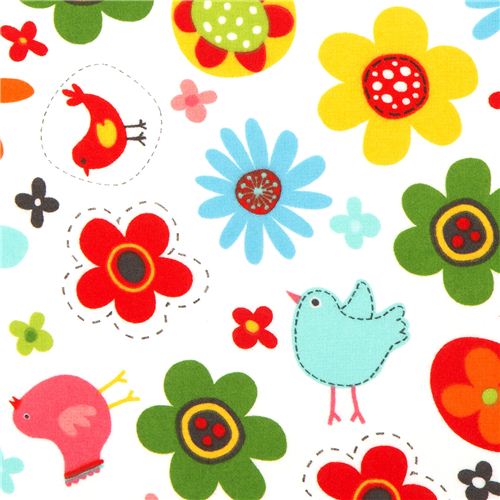 white flannel fabric colourful birds flowers Robert Kaufman Fabric