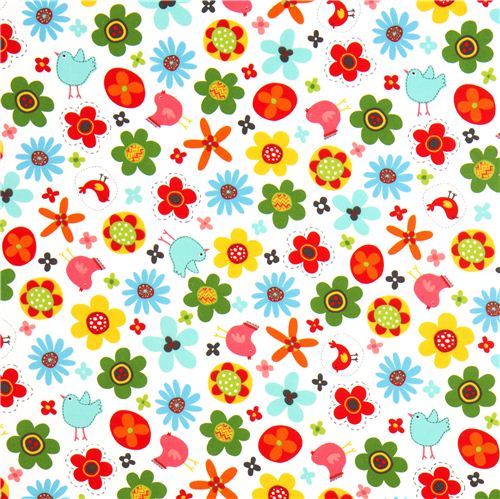 white flannel fabric colourful birds flowers Robert Kaufman 2