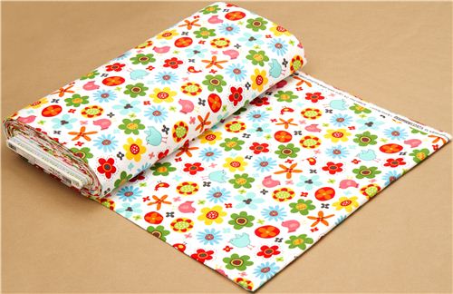 white flannel fabric colourful birds flowers Robert Kaufman 3