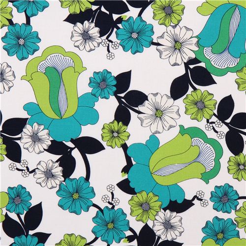 Toile blanche Robert Kaufman à fleurs vertes importée des Etats-Unis Tissu