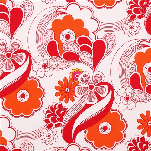weißer Blumen Welle Canvas Stoff Robert Kaufman rot-orange USA Stoff