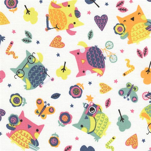 white funny owl bird butterfly heart tree fabric by Timeless Treasures  Fabric