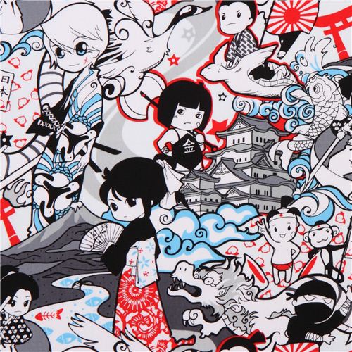 Tissu blanc et gris guerriers japonais style anime et manga Tissu