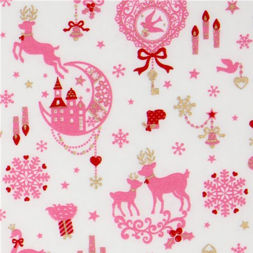 white kawaii Christmas fabric Bambi bunny glitter Japan Tela