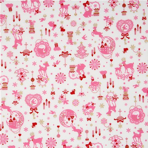weisser kawaii Weihnachtsstoff Bambi Hase Glitzer Japan 2