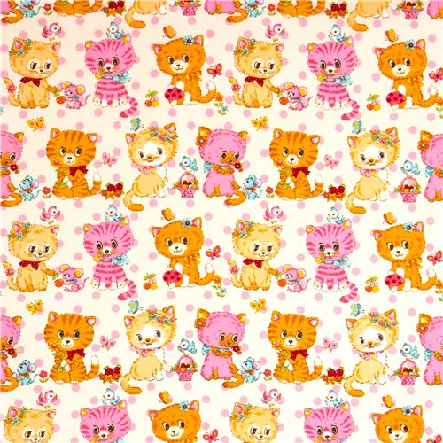 white kitty fabric with mouse mushrooms birds flowers 2