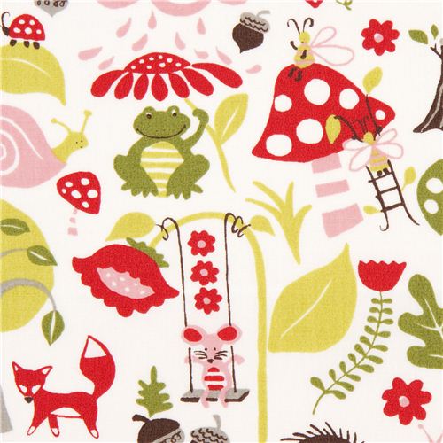 white monaluna organic fabric with fox owl frog toadstool 1