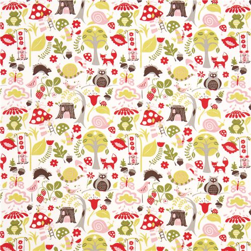 white monaluna organic fabric with fox owl frog toadstool 2