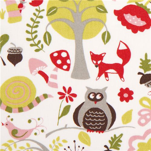 white monaluna organic fabric with fox owl frog toadstool Fabric