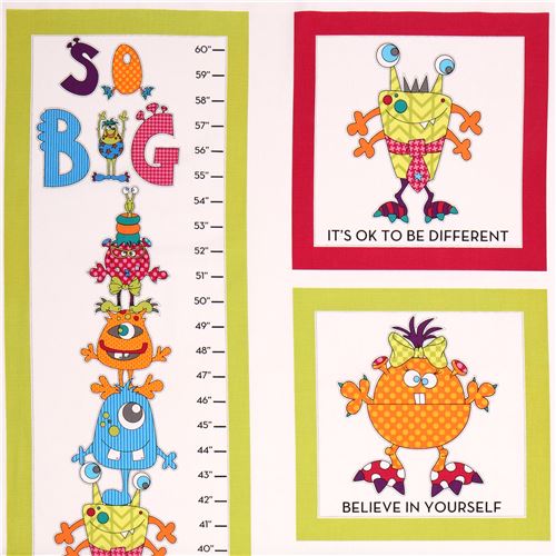 white monster measure yardstick ruler tapeline patchwork square children fabric Fabric