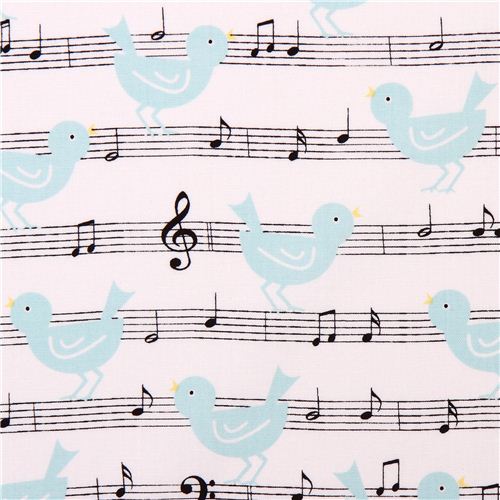 white music notes blue bird fabric Girly Girl Fabric