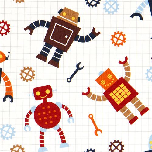 white organic fabric with robots de Robert Kaufman 1