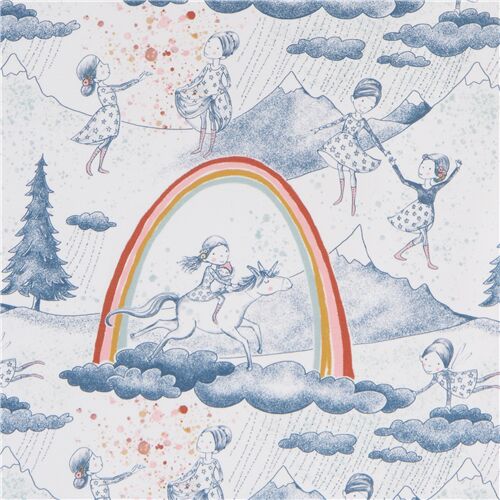 white organic jersey knit fabric with rainbows and unicorns by Lillestoff Fabric