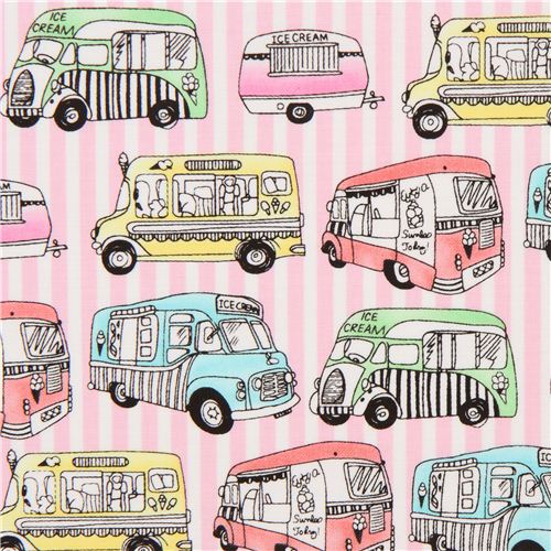 Tissu Timeless Treasures blanc-rose, camions de glaces Tissu