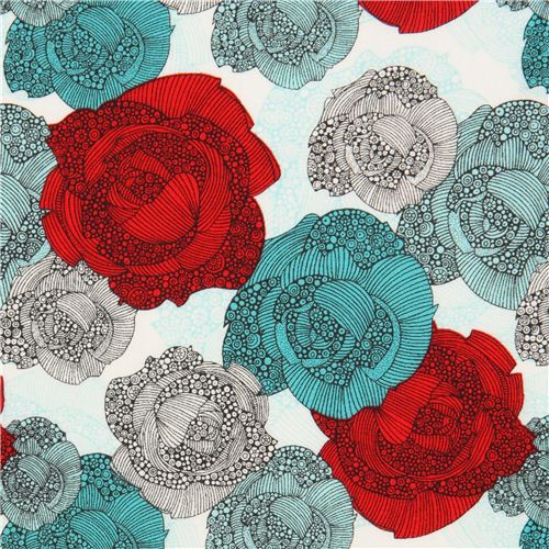 Tela blanca con rosas azules y rojas por Robert Kaufman Tela