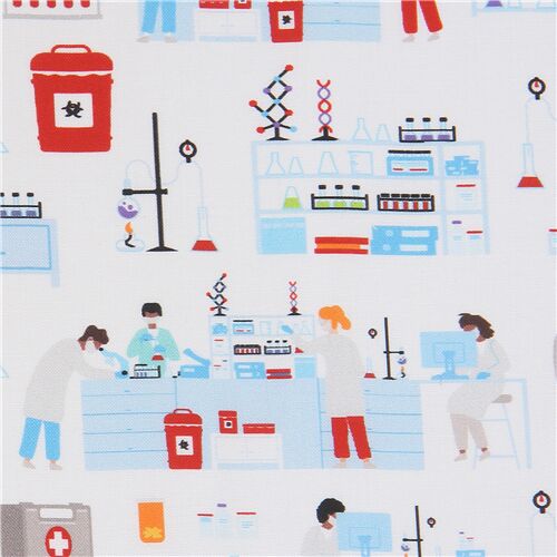 Tissu blanc avec des laboratoires de recherche, des scientifiques Tissu