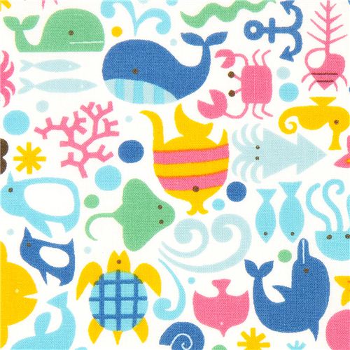 Tela blanca de Cosmo animales del mar, origen Japón Tela