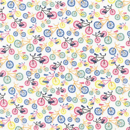 Tissu blanc avec des petits vlos multicolores, par Timeless Treasures  Tissu