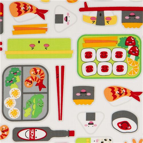 Tissu Robert Kaufman kawaii blanc avec des sushis Tissu