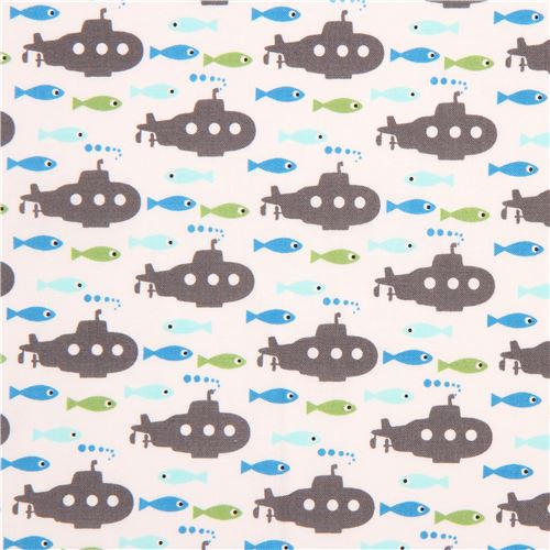 Tela blanca con lindo submarino gris y peces de Copenhagen Print Factory Tela