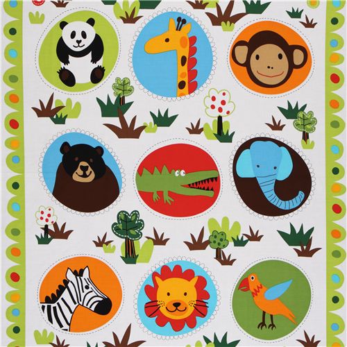 white zoo animals fabric big pattern Robert Kaufman 1