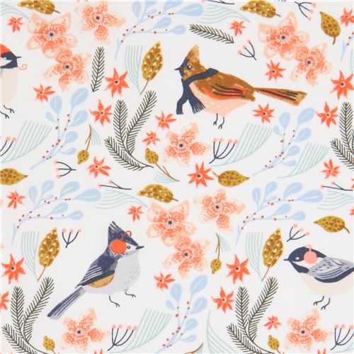 Tissu Dear Stella blanc avec des oiseaux en hiver Tissu
