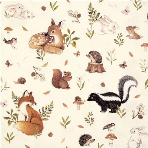 tessuto bianco panna fiori animali bosco conigli scoiattoli cotone Dear Stella Tessuto