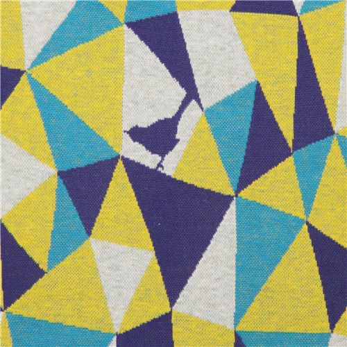 Tissu Jacquard echino jaune et turquoise, triangles gomtriques et oiseaux Tissu